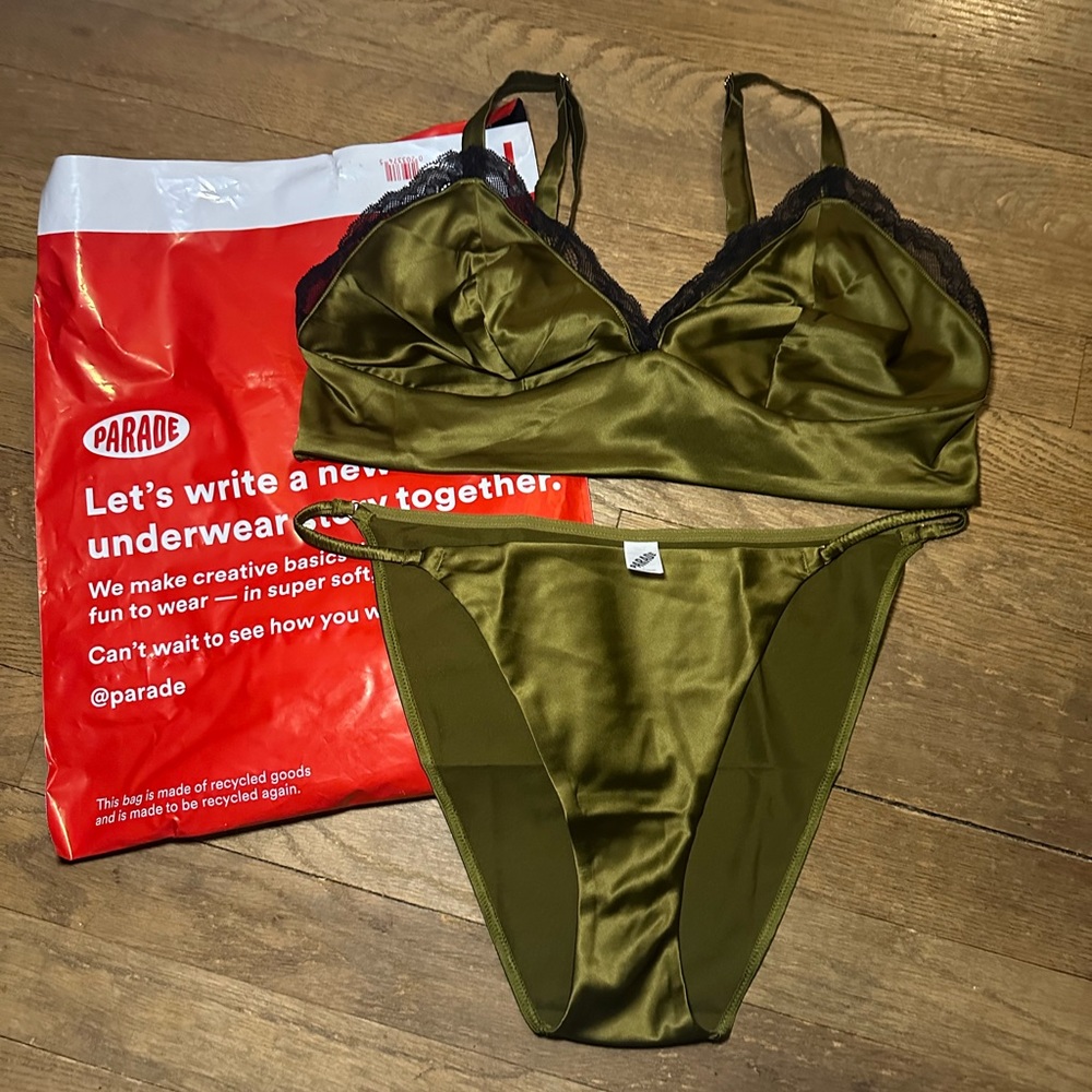 Parade Silk Longline Bralette with Lace and Panty Lingerie Set - Olive -Size 2&L